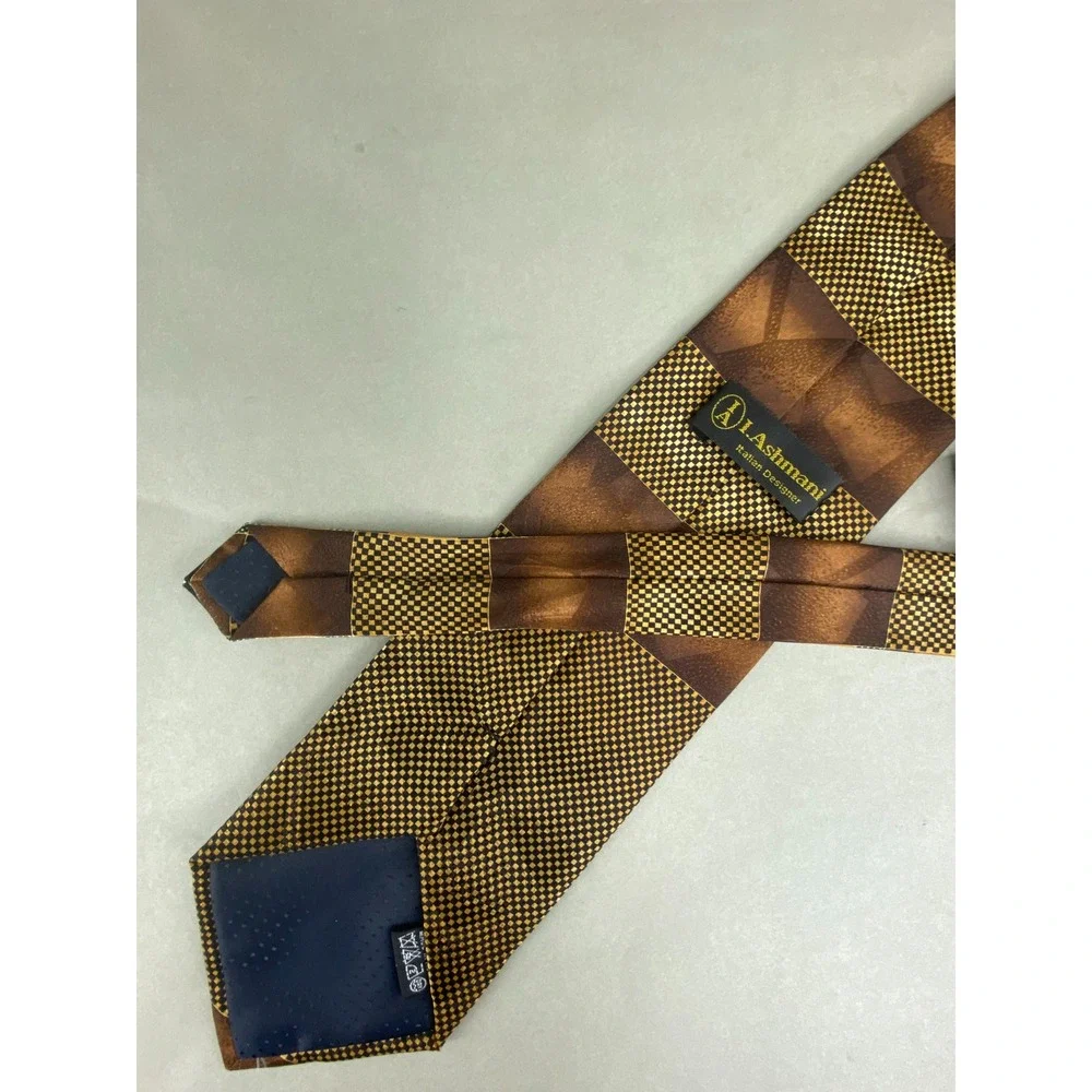 I. Ashmani Mens Tie Brown Gold Geometric Abstract Art Deco Artsy Checkered 57x4